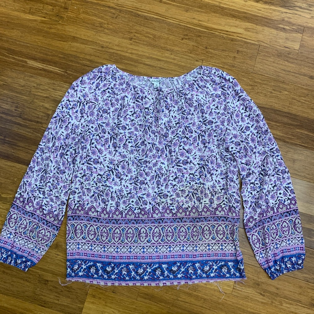 Lucky Brand Women's M Purple Floral Print Long Sleeve Tie Neck Boho Blouse Top
